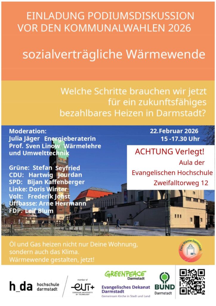 Podiumsdiskussion zu Klima und Wärmeplanung (neuer Ort!) @ Ev. Hochschule Darmstadt, Aula